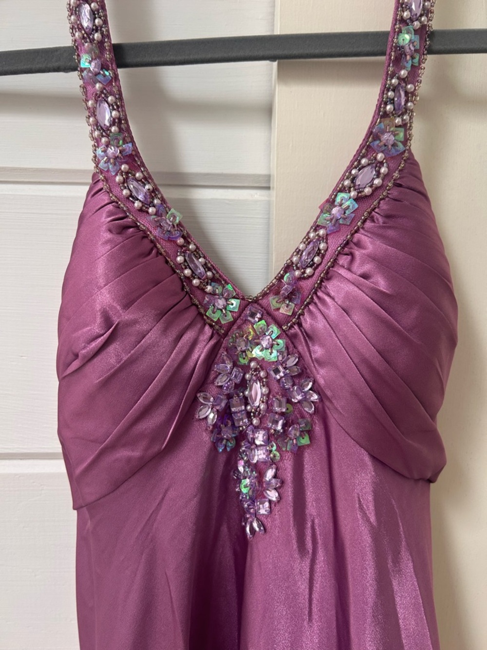 Faviana Plum Lace Halter Dress with Sequin Accents